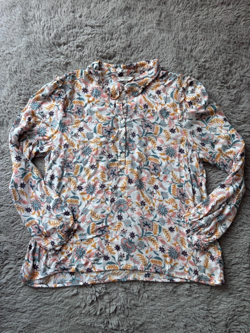 Lucky Brand White Multi Floral Ruffle-Neck Blouse size Large